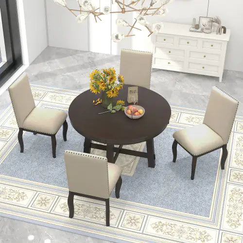 5-Piece Farmhouse Dining Table Set with Round Extendable Table & 4 Upholstered Chairs in Espresso