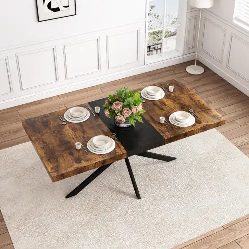 55.11" - 70.86" Retro Rectangular Stretch Dining Table with Antique Wood Top, Black Relief Plate, Metal Cross Iron Foot Base & Storage Box
