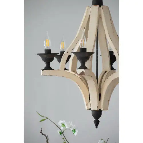 6-Light Wood Chandelier with Adjustable Chain for Kitchen & Dining Hall, Distressed White & Black Iron Fixtures, Bulb Not Included