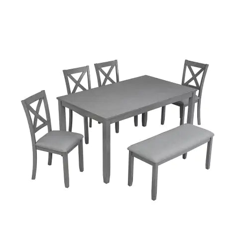 6-Piece Rectangular Dining Set, Gray Acacia Wood Table with 4 Upholstered Chairs and Bench, Seating for 6