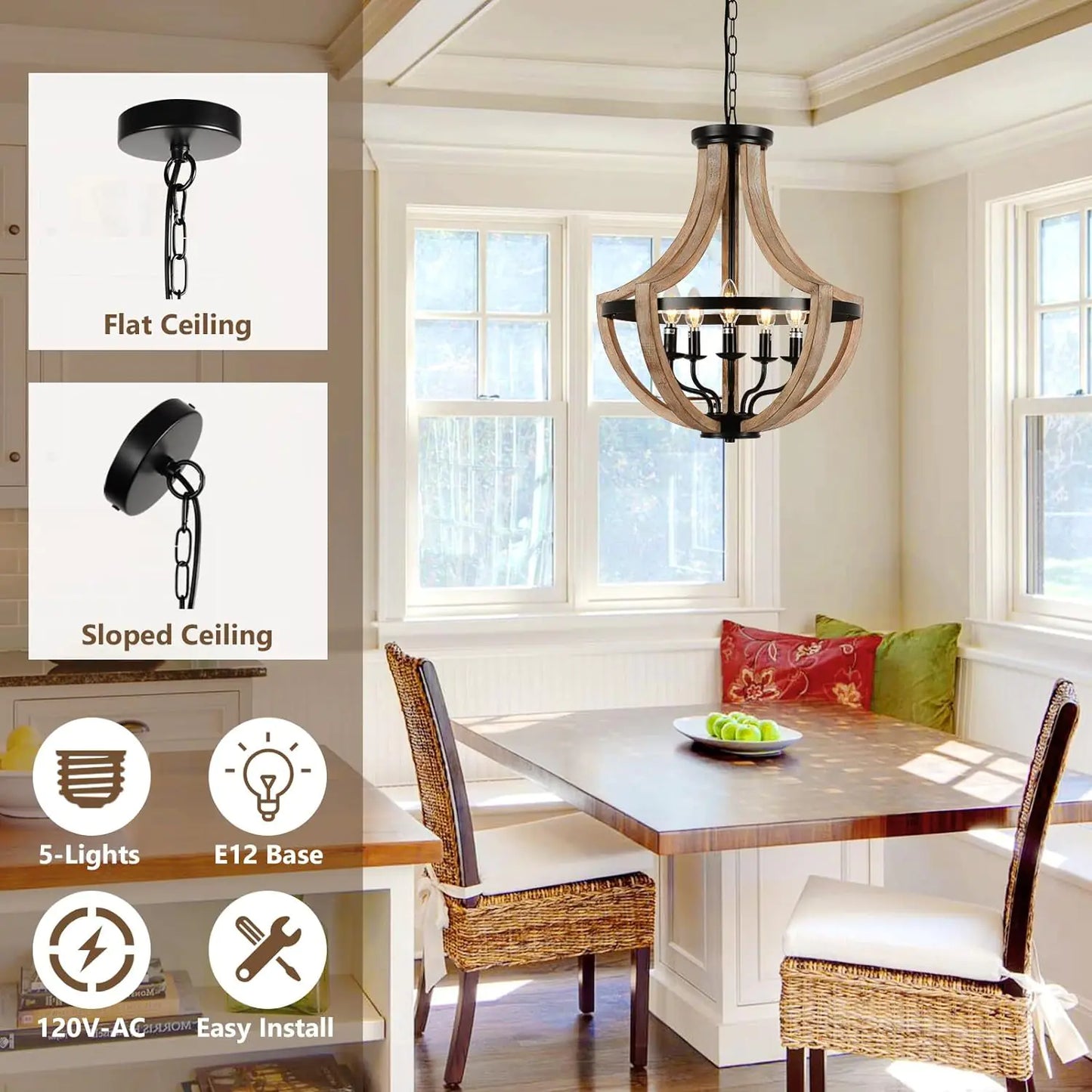 19" Farmhouse Chandelier, 5-Light Solid Wood Pendant Fixture for Dining Room, Kitchen, Living Room, Bedroom, Adjustable Height, Brown Finish