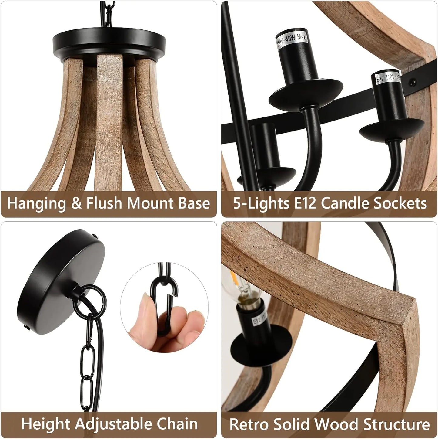 19" Farmhouse Chandelier, 5-Light Solid Wood Pendant Fixture for Dining Room, Kitchen, Living Room, Bedroom, Adjustable Height, Brown Finish