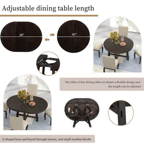 5-Piece Farmhouse Dining Table Set with Round Extendable Table & 4 Upholstered Chairs in Espresso