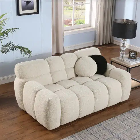 SHS-64.96" Light Brown Boucle Marshmallow Sofa – 2 Seater, Rolled Arms, Modern Plush Couch
