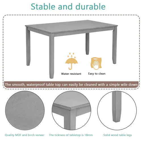 6-Piece Rectangular Dining Set, Gray Acacia Wood Table with 4 Upholstered Chairs and Bench, Seating for 6