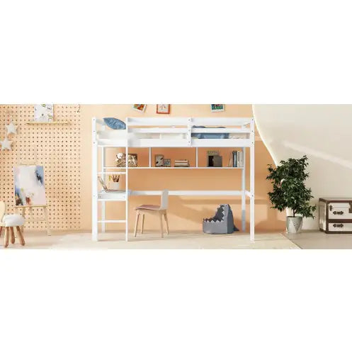 Twin Size Loft Bed with Desk, Shelves, Safety Guardrail, and Ladder, White Finish