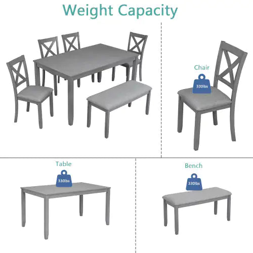 6-Piece Rectangular Dining Set, Gray Acacia Wood Table with 4 Upholstered Chairs and Bench, Seating for 6