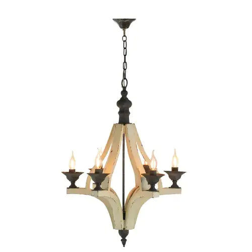 6-Light Wood Chandelier with Adjustable Chain for Kitchen & Dining Hall, Distressed White & Black Iron Fixtures, Bulb Not Included