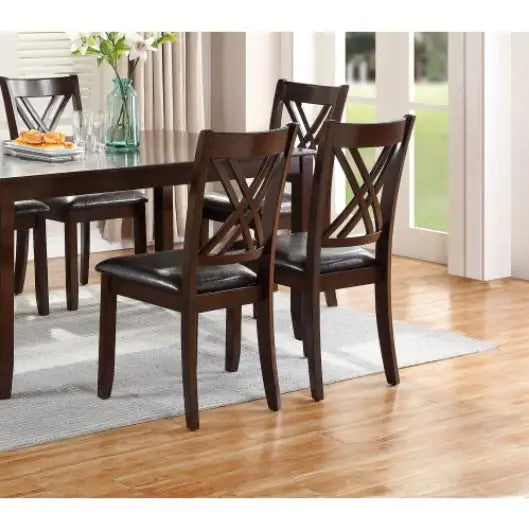 7-Piece Dining Set with Rectangular Table, 6 Side Chairs, Espresso Finish, Cushioned Seats, X-Design Back Chairs