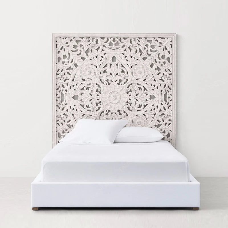 Customized French Carved Solid Oak Double Bed – American Vintage Style, Scandinavian Princess Design, Fabric Upholstery, Frame Construction, No Storage Space (Model-801)