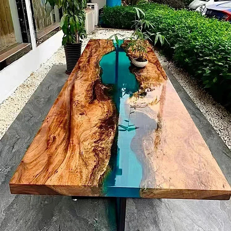 Custom Epoxy Resin Art River Table – Solid Wood Log Dining Table, Black Sandalwood & Walnut, Modern Style, Large Board