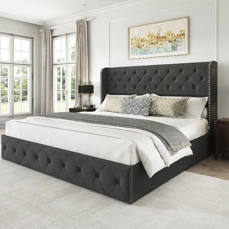 Bed Frame with 4 Storage Drawers, Tufted Velvet Headboard, Upholstered Platform Bed Frame with Storage