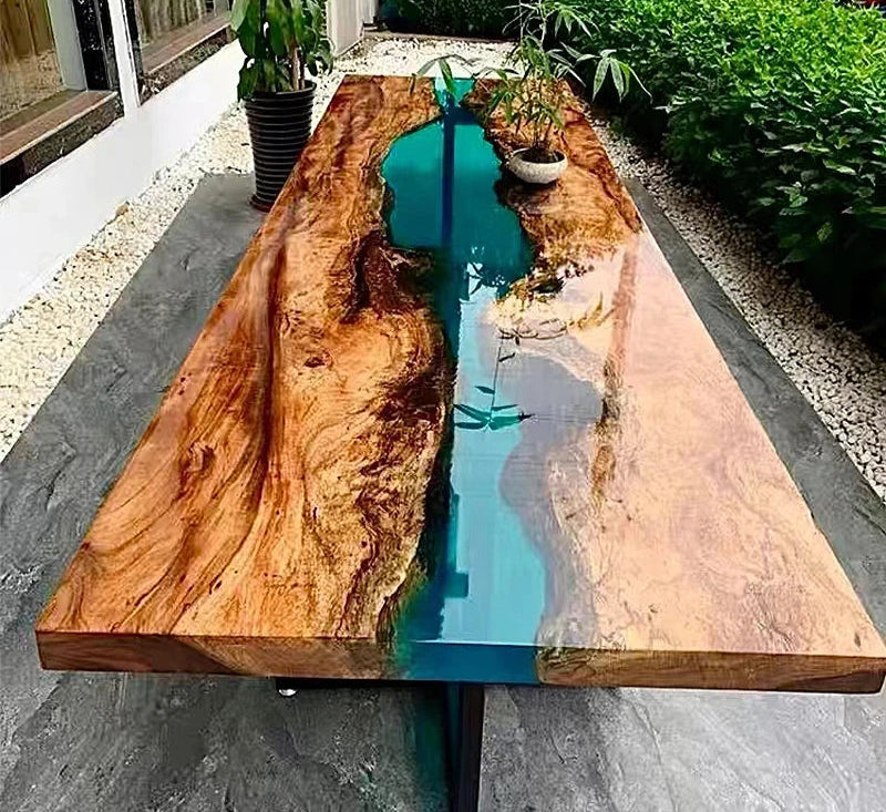 Custom Epoxy Resin Art River Table – Solid Wood Log Dining Table, Black Sandalwood & Walnut, Modern Style, Large Board