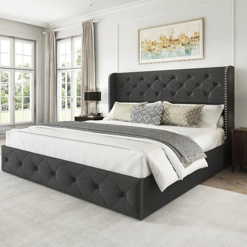 Bed Frame with 4 Storage Drawers, Tufted Velvet Headboard, Upholstered Platform Bed Frame with Storage