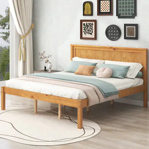 Platform Bed Frame with Headboard, Wood Slat Support, No Box Spring Needed, Queen, Oak Finish