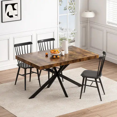 55.11" - 70.86" Retro Rectangular Stretch Dining Table with Antique Wood Top, Black Relief Plate, Metal Cross Iron Foot Base & Storage Box