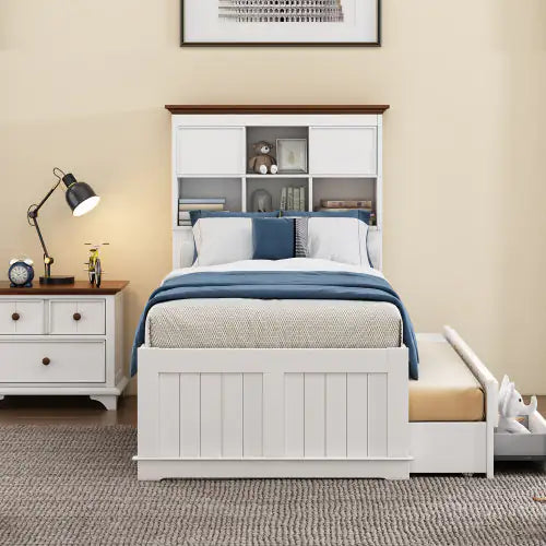 Solid Pine Captain Bookcase Bed with Trundle & 3 Spacious Drawers, Twin, White & Walnut