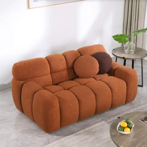 SHS-64.96" Light Brown Boucle Marshmallow Sofa – 2 Seater, Rolled Arms, Modern Plush Couch