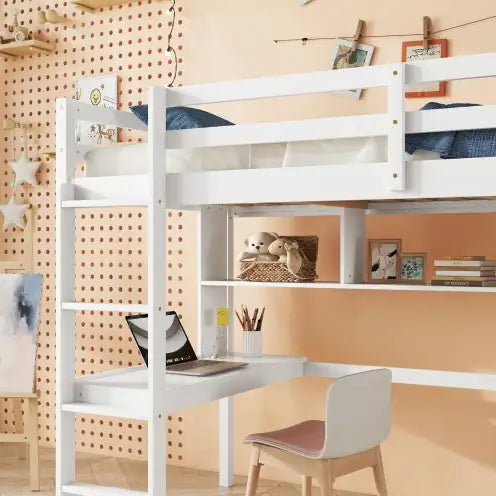 Twin Size Loft Bed with Desk, Shelves, Safety Guardrail, and Ladder, White Finish