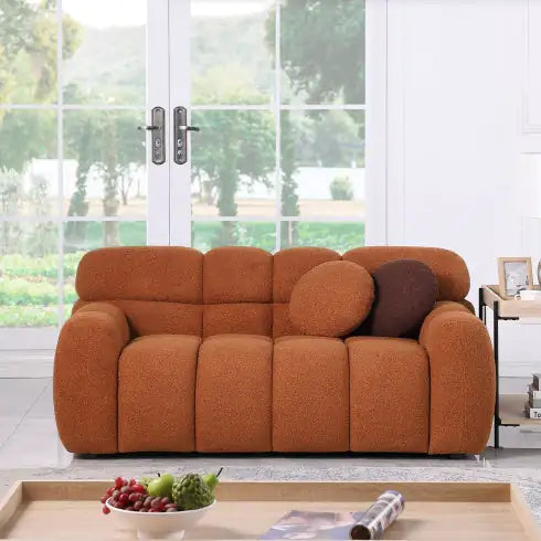SHS-64.96" Light Brown Boucle Marshmallow Sofa – 2 Seater, Rolled Arms, Modern Plush Couch