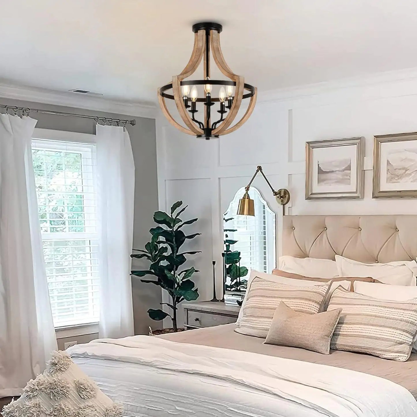 19" Farmhouse Chandelier, 5-Light Solid Wood Pendant Fixture for Dining Room, Kitchen, Living Room, Bedroom, Adjustable Height, Brown Finish