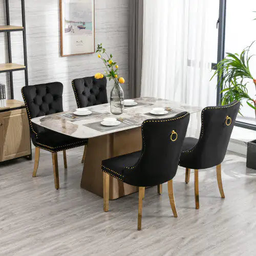 A&A Furniture Nikki Collection Black Velvet Upholstered Dining Chair with Golden Stainless Steel Legs, Set of 2 – Modern Tufted Design with Nailhead Trim