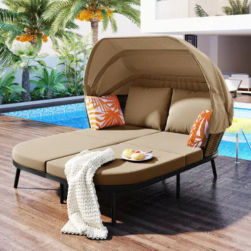 TOPMAX 74.8" Patio Daybed with Retractable Canopy – Outdoor Rattan PE Wicker Loveseat Sofa Set, Cushions & Throw Pillows for Backyard, Garden, Poolside, Brown