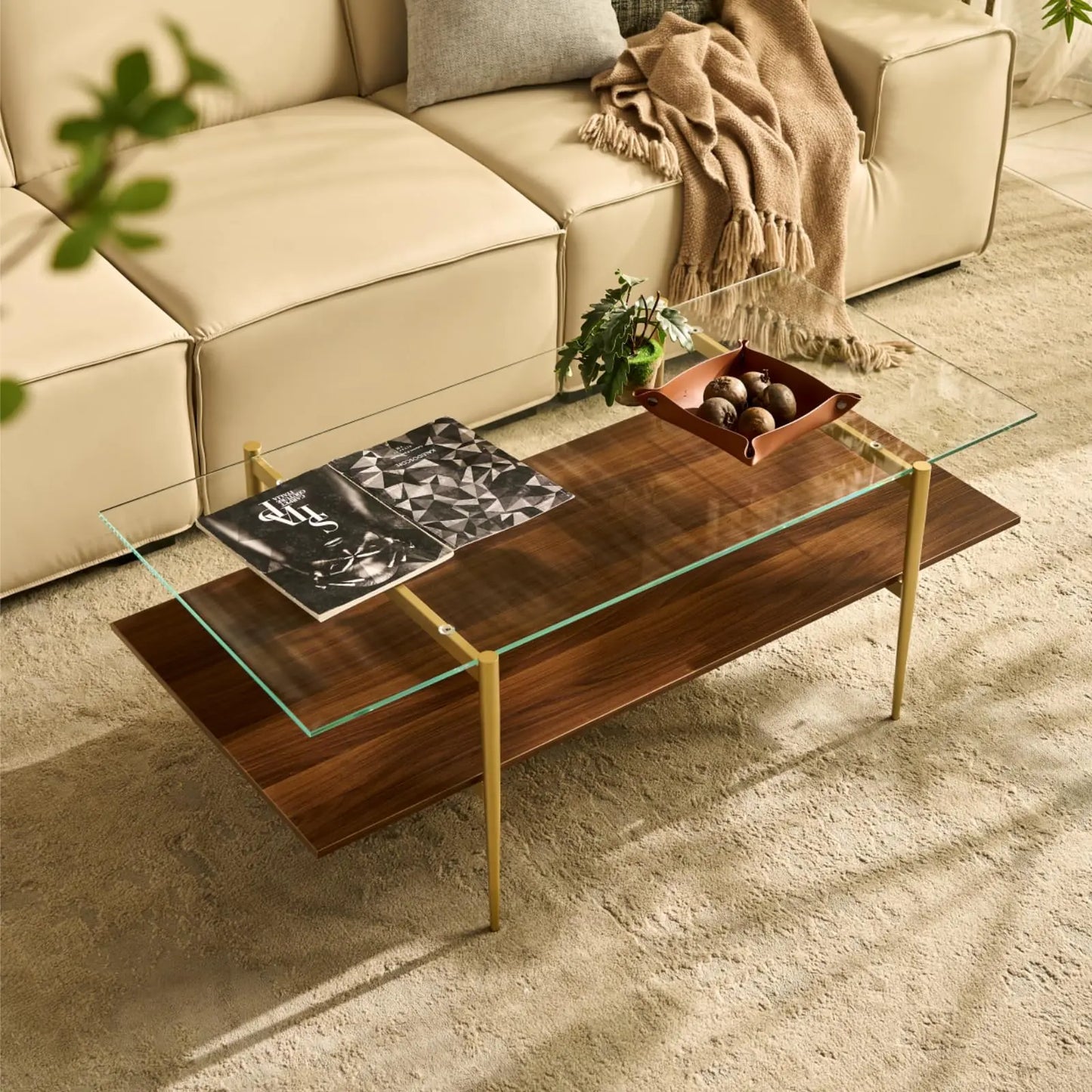 SHS - Saint Mossi Tadio XL Glass Coffee Table – Modern 2-Tier Clear Glass Coffee Table with Walnut Brown Shelf & Metal Legs for Living Room