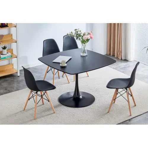 42" Black Mid-Century Pedestal Dining Table for 4-6 People, Round MDF Top, Matte Black Finish