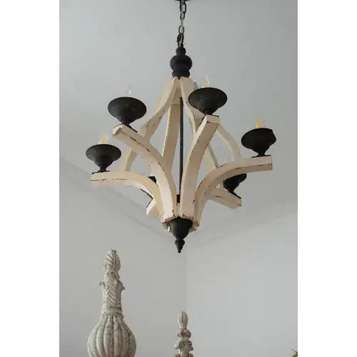 6-Light Wood Chandelier with Adjustable Chain for Kitchen & Dining Hall, Distressed White & Black Iron Fixtures, Bulb Not Included