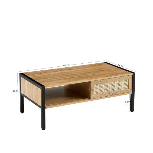 SHS-40" Natural Rattan Coffee Table with Sliding Door Storage & Metal Legs – Modern Boho Style for Living Room