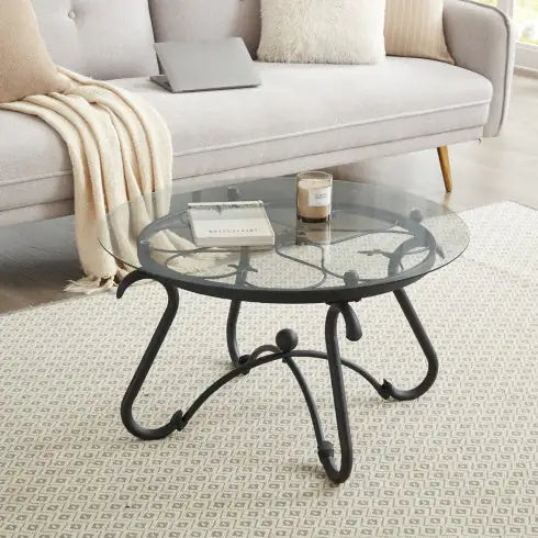 SHS-2-Piece Round Glass Coffee Table Set – Rustic Black Tempered Glass & Metal End Tables for Living Room