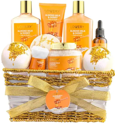 Gift Basket for Women – 10 Piece Almond Milk & Honey Spa Set – Luxury Bath & Body Self Care Kit with Bubble Bath, Scrubs, Bath Bombs & More
