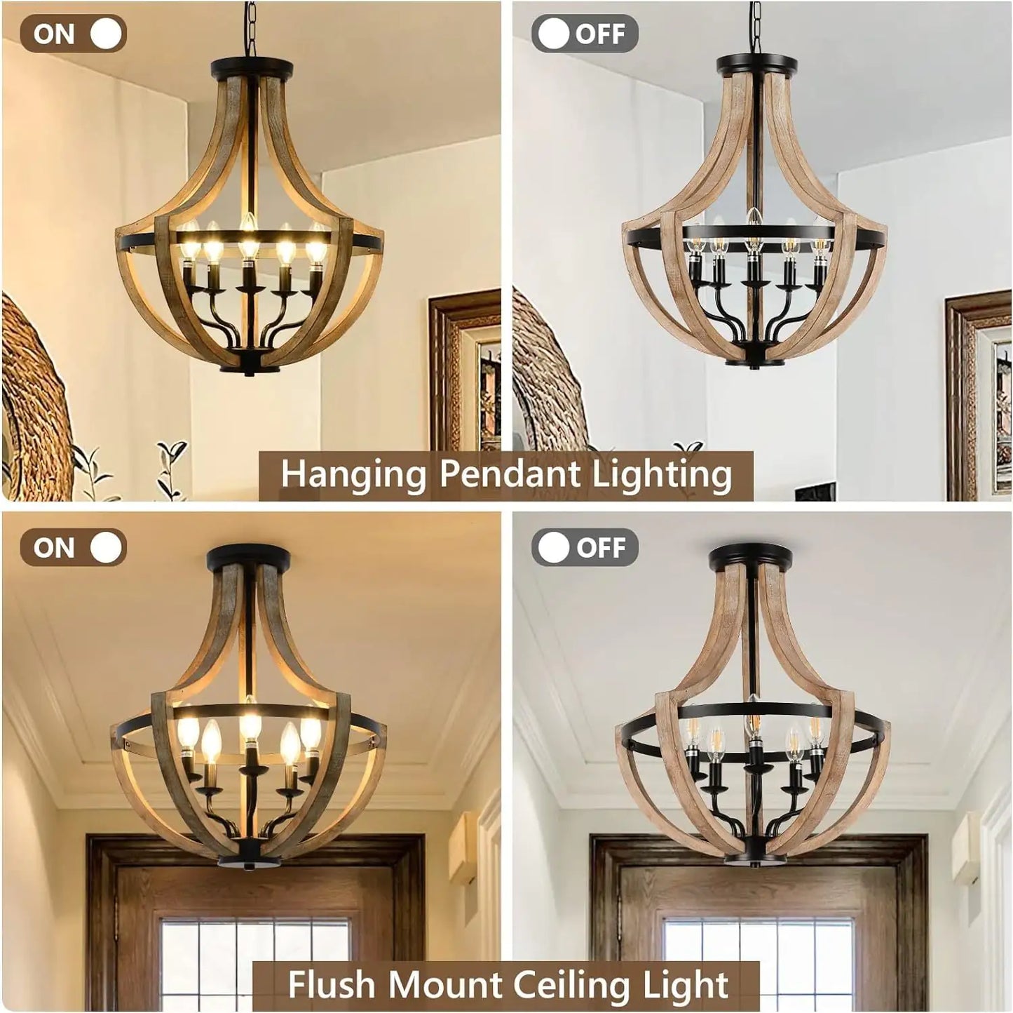 19" Farmhouse Chandelier, 5-Light Solid Wood Pendant Fixture for Dining Room, Kitchen, Living Room, Bedroom, Adjustable Height, Brown Finish