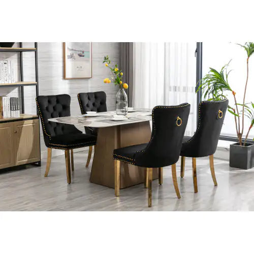 A&A Furniture Nikki Collection Black Velvet Upholstered Dining Chair with Golden Stainless Steel Legs, Set of 2 – Modern Tufted Design with Nailhead Trim