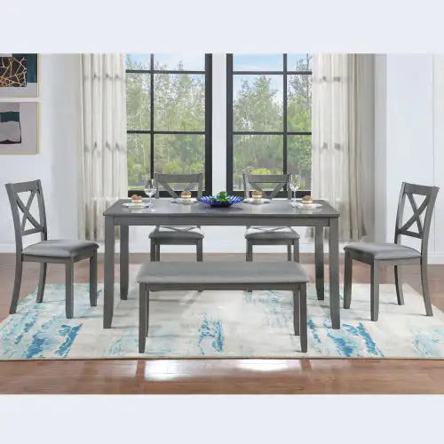 6-Piece Rectangular Dining Set, Gray Acacia Wood Table with 4 Upholstered Chairs and Bench, Seating for 6
