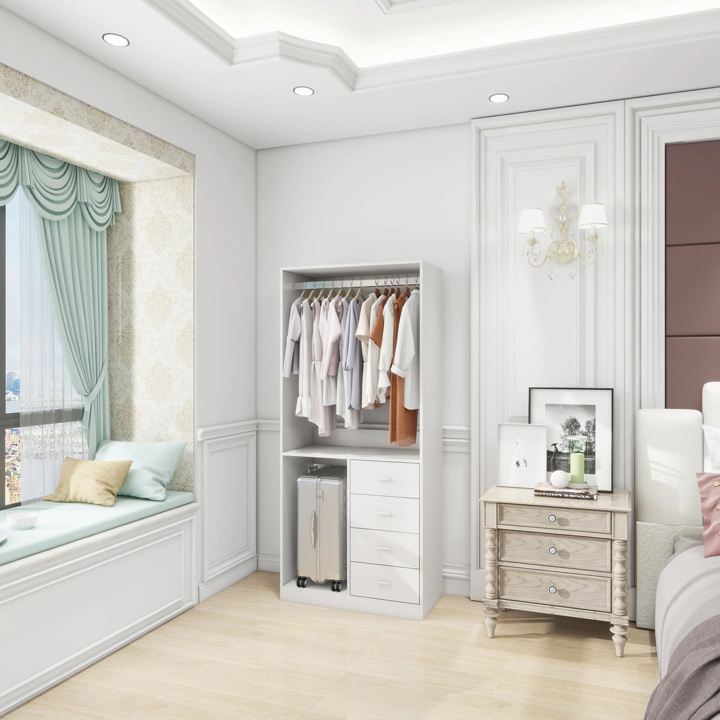 Modern Freestanding Armoire Wardrobe Closet with Shelves, Hanging Rods & Suitcase Storage – MDF Durable Storage Organizer for Bedroom