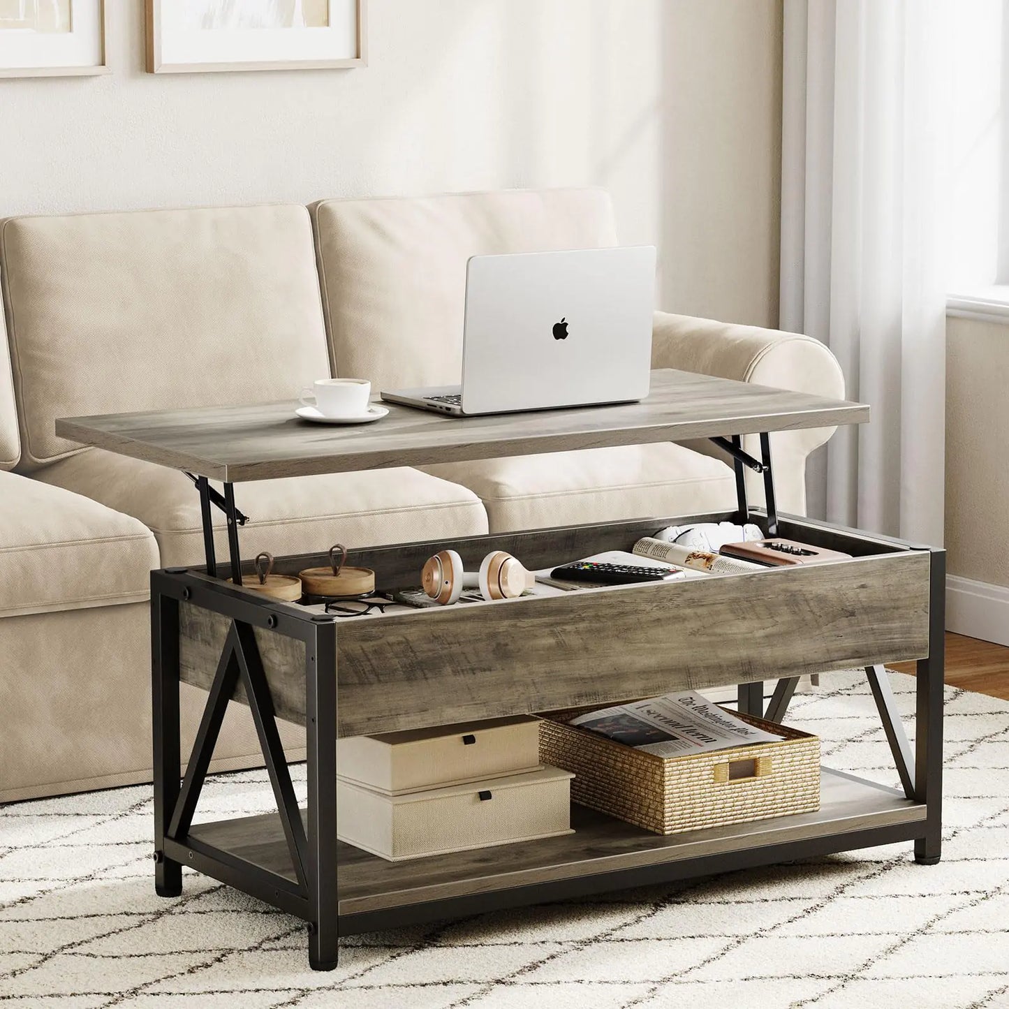Memobarco Lift Top Coffee Table with Storage – Modern Grey Coffee Table with Hidden Compartment & Open Shelf for Living Room or Small Spaces