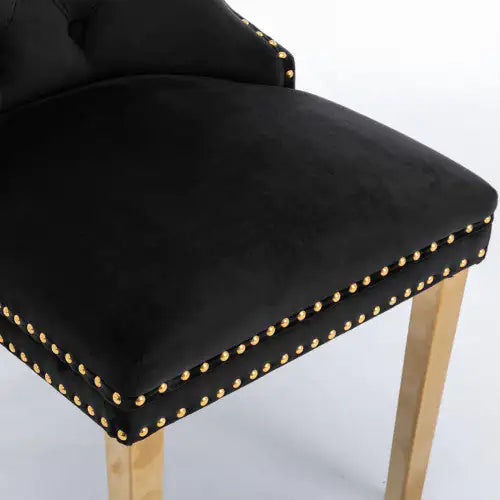 A&A Furniture Nikki Collection Black Velvet Upholstered Dining Chair with Golden Stainless Steel Legs, Set of 2 – Modern Tufted Design with Nailhead Trim