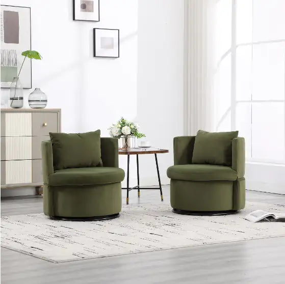 Upholstered Bucket Dining Chair with Ottoman - Fabric Side Chair with Storage, Swivel Armchair for Living Room, Beige & Olive