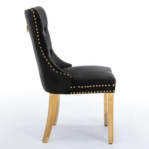 A&A Furniture Nikki Collection Black Velvet Upholstered Dining Chair with Golden Stainless Steel Legs, Set of 2 – Modern Tufted Design with Nailhead Trim