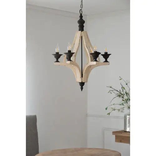6-Light Wood Chandelier with Adjustable Chain for Kitchen & Dining Hall, Distressed White & Black Iron Fixtures, Bulb Not Included