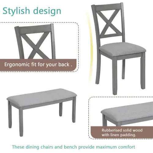 6-Piece Rectangular Dining Set, Gray Acacia Wood Table with 4 Upholstered Chairs and Bench, Seating for 6