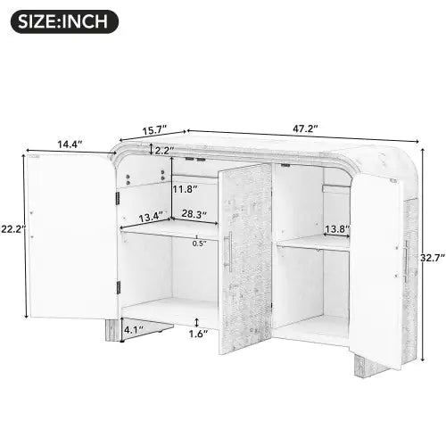 TREXM Vintage Minimalist Curved Sideboard with Gold Handles and Adjustable Shelves for Living or Dining Room (Natural Wood Wash)