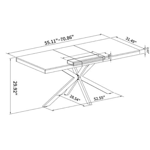 55.11" - 70.86" Retro Rectangular Stretch Dining Table with Antique Wood Top, Black Relief Plate, Metal Cross Iron Foot Base & Storage Box