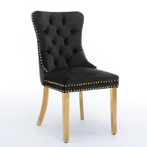 A&A Furniture Nikki Collection Black Velvet Upholstered Dining Chair with Golden Stainless Steel Legs, Set of 2 – Modern Tufted Design with Nailhead Trim