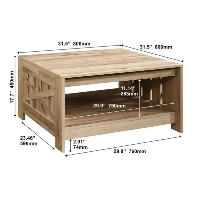 SHS - 31.5" Black Oak Square Coffee Table with Shelf – Farmhouse Wood Center Table for Living Room
