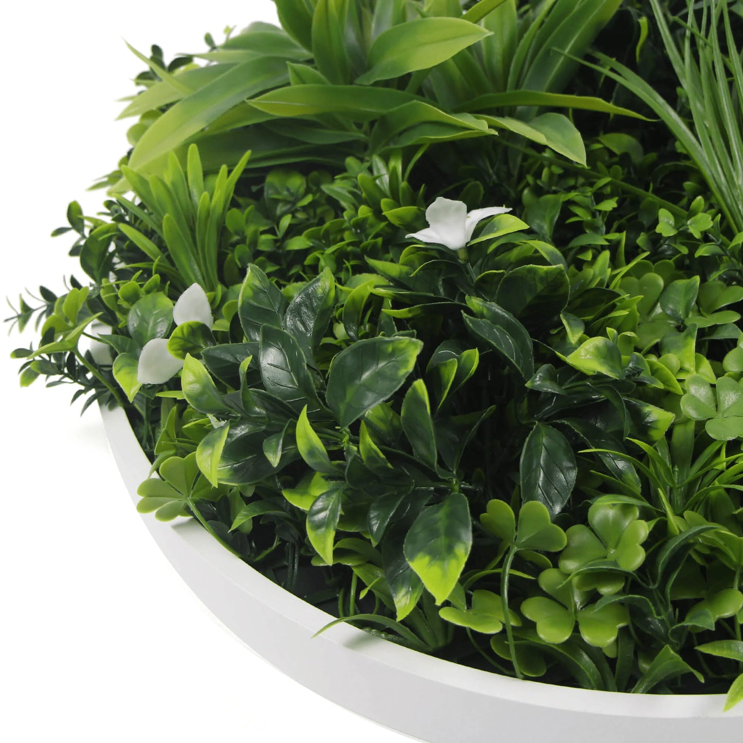 Artificial Green Wall Disc 20" with White Frame, UV Resistant Faux Plant, Safe for Family and Pets, Eco-Friendly Living Wall Art
