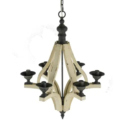 6-Light Wood Chandelier with Adjustable Chain for Kitchen & Dining Hall, Distressed White & Black Iron Fixtures, Bulb Not Included