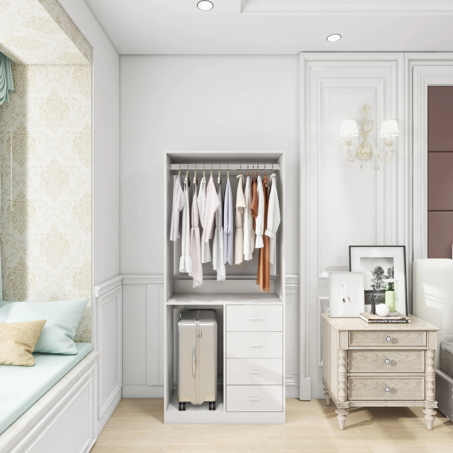Modern Freestanding Armoire Wardrobe Closet with Shelves, Hanging Rods & Suitcase Storage – MDF Durable Storage Organizer for Bedroom